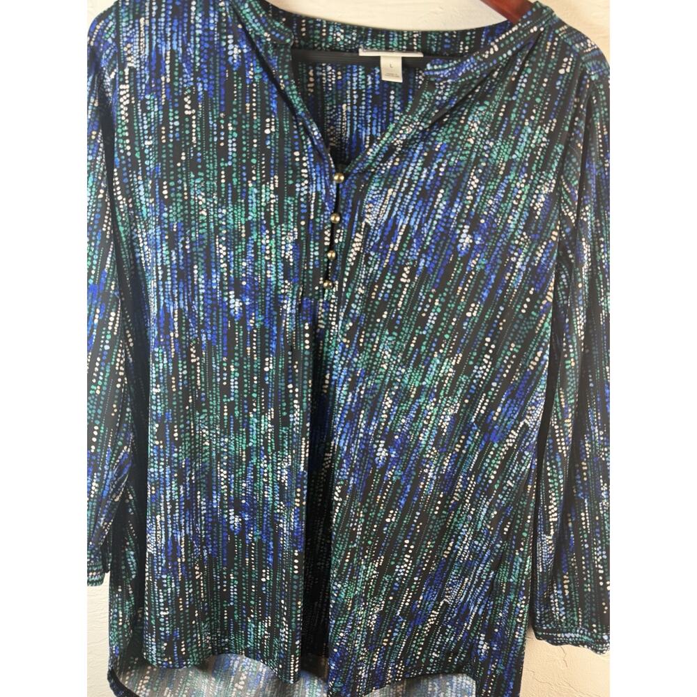 Women’s Dana Buchman Size Large Loose Fit, Split Neck , Abstract Long Sleeve Top - Picture 2 of 8